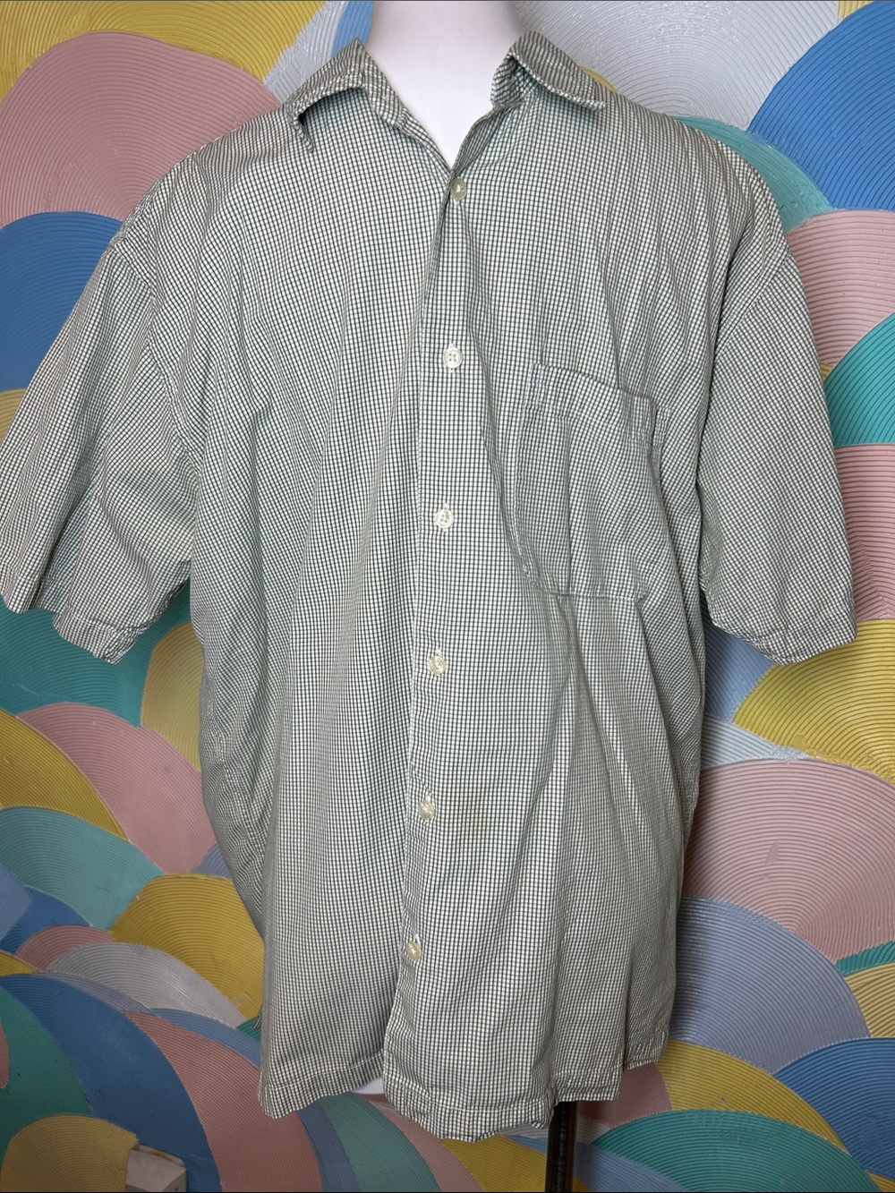 IZOD Men's Short-Sleeve Green Check Button-Up Shirt 100% cotton sz L